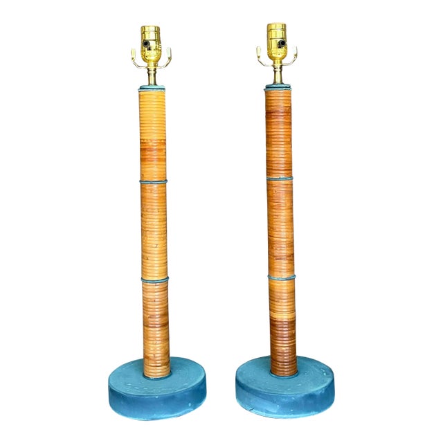 Vintage Coastal Wrapped Pencil Reed Column Lamps - a Pair For Sale