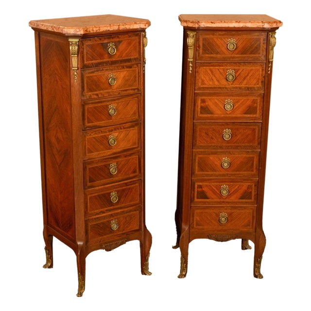 Pair Antique French Semainier Ormolu Inlaid Lingerie Marble Chests Dressers 1900 For Sale