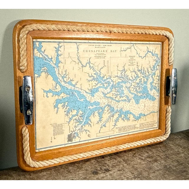 Vintage Nautical Serving Tray With Chesapeake Bay Chart and Rope Detail For Sale - Image 4 of 8