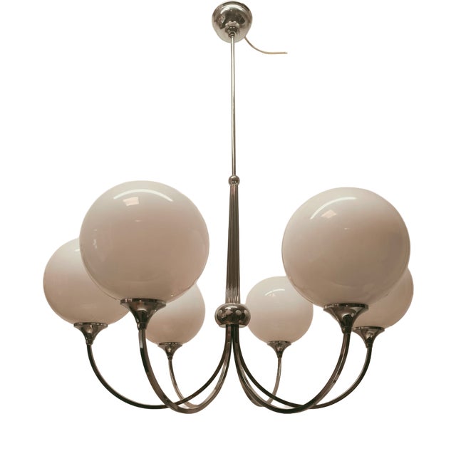 6-Light Chrome Chandelier with Glossy White Sphere Glasses, 1980s For Sale