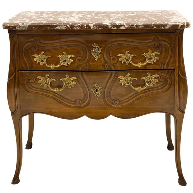 Wood Italian Carved Walnut Rouge Marble Top Commode With French Styling For Sale - Image 7 of 8