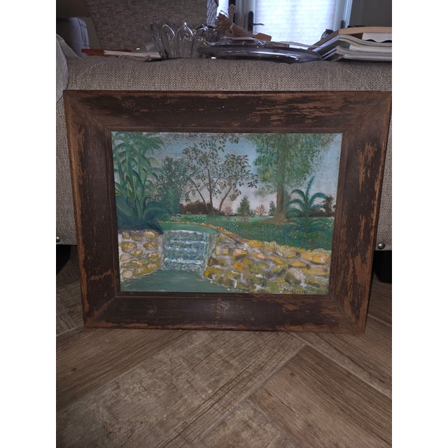 Green Unusual Folk Art Riverside Landscape Painting For Sale - Image 8 of 16