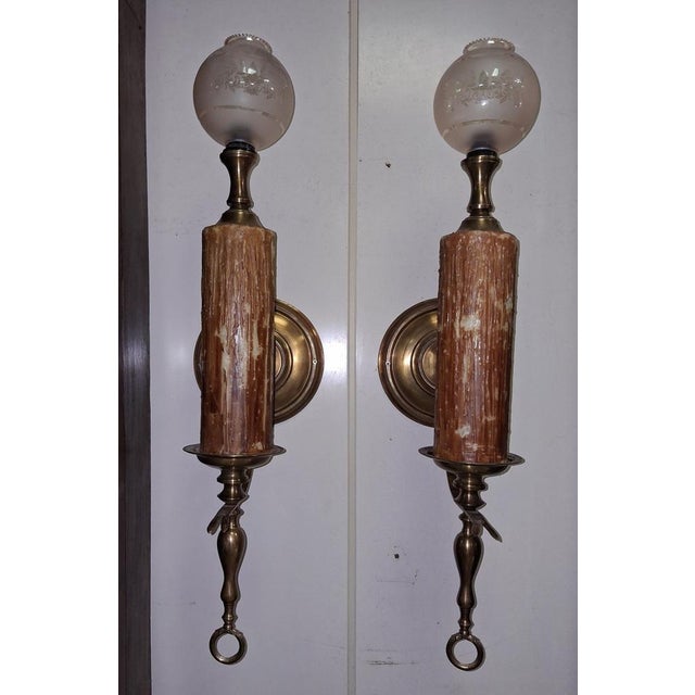 Pair of Wall Sconces in the Style of Melted Wax Candlesticks Gilt Bronze and Brass with Engraved Glass Globes A...