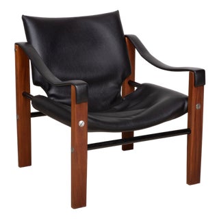 Vintage Leather and Wood Safari Armchair by Maurice Burke for Arkana For Sale
