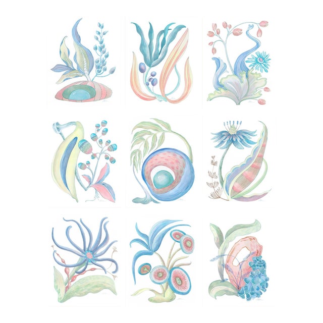 "Seaweed Fantasy Series" Contemporary Coastal Coral Reef Acrylic Paintings by Allison Cosmos - Set of 9 For Sale