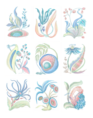 "Seaweed Fantasy Series" Contemporary Coastal Coral Reef Acrylic Paintings by Allison Cosmos - Set of 9