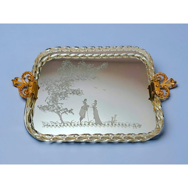 Vintage 1980s Murano glass tray, Venetian style, featuring delicate engravings and elegant gold-plated metal handles with...