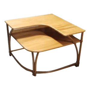 Restored MCM Maple & Faux Rattan "L" Shaped Corner Table by Heywood Wakefield