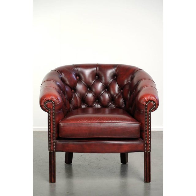Cowhide Chesterfield club armchair in a sought-after and timeless red color. : This lovely, subtle cowhide Chesterfield...