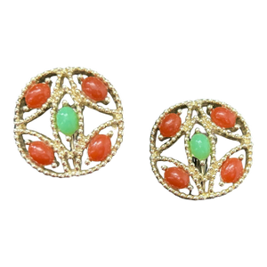 Vintage Sarah Coventry “Acapulco” Clip-on Earrings (1969) – Faux Jade & Carnelian Cabochons, Gold-Tone Signed Costume Jewelry, A Pair