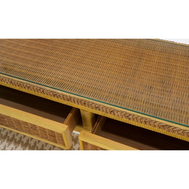 Mid Century Modern Wicker Glass Top Consoel Table w/ Pair of Matching Benches For Sale - Image 12 of 18