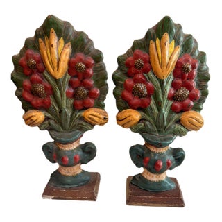 Late 20th Century Folk Art Papier-Mâché Floral Mantel Garnitures - A Pair For Sale