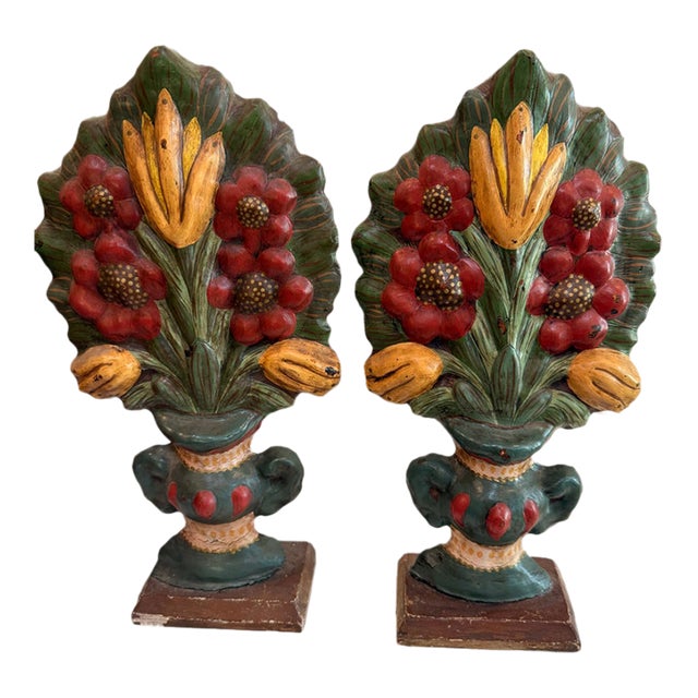 Late 20th Century Folk Art Papier-Mâché Floral Mantel Garnitures - A Pair For Sale