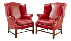 English Georgian Style Ruby Red Leather Wingback Chairs - a Pair