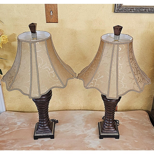 Uttermost Vintage Uttermost Carved Wood-Finish Urn Table Lamps With Damask Shades – Pair For Sale - Image 4 of 18