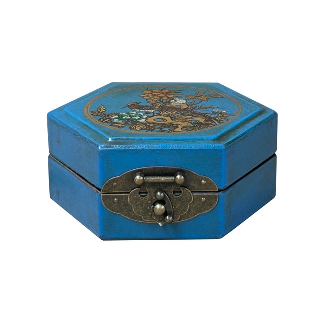Oriental Cerulean Blue Flower Bird Graphic Hexagonal Container Box For Sale - Image 4 of 8