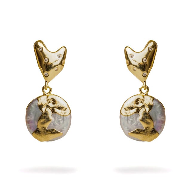 Metal Love Gold Melted & Diamond Heart Stud Pearl Drop Earrings, A Pair For Sale - Image 7 of 7