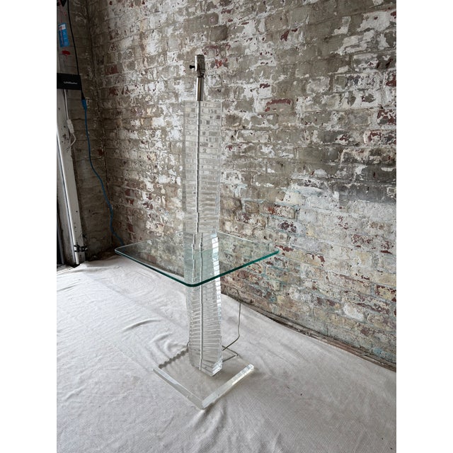 Contemporary Vintage Lucite Acrylic Floor Lamp With Built-in Glass Side Table For Sale - Image 3 of 13