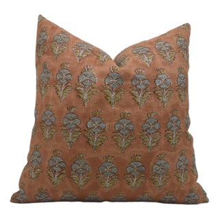 Block Print Thick Linen Throw Pillow Cover 24x24 Inch - Mor Mukut For Sale