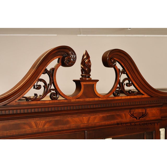 Karges English Style Mahogany Breakfront China Cabinet Display Bookcase with Carved Pediment and Silk Backing For Sale - Image 13 of 18