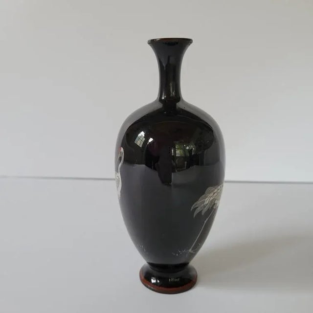 Japanese Meiji Era Black Cloisonne Vase With 5 Cranes For Sale - Image 4 of 7