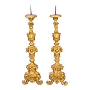 19th C. Italian Giltwood Floor Pricket Candlesticks Torchieres - a Pair