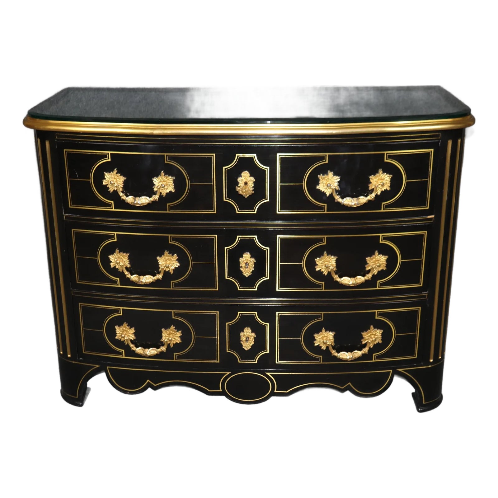 Ebonized Lacquer French Regency Brass Inlaid and Bronze Commode With ...