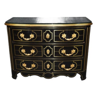 Ebonized Lacquer French Regency Brass Inlaid and Bronze Commode With Glass Top For Sale
