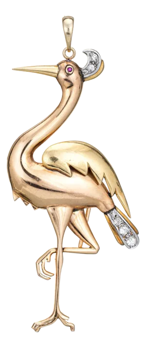 Vintage Flamingo Pendant Diamond 14k Yellow Gold Large Brooch Bird Jewelry
