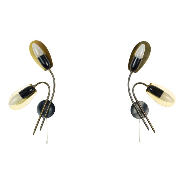 Mid-Century Sconces Wall Lamps in Brass and Black Metal, 1950s, Set of 2 For Sale