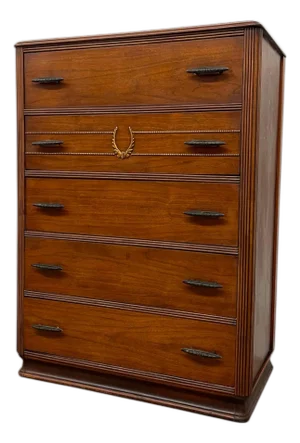 Vintage Mid-Century Highboy Dresser by John Stuart-Five-Drawer Chest With Carved Laurel Detail