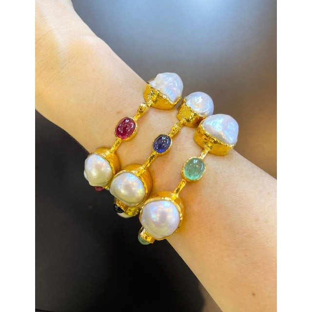 Bochic “Orient” Vintage Ruby, South Sea Pearl & Multi-Color Sri Lankan Sapphire Bangle 18K Gold & 950 Silver • Signed A...