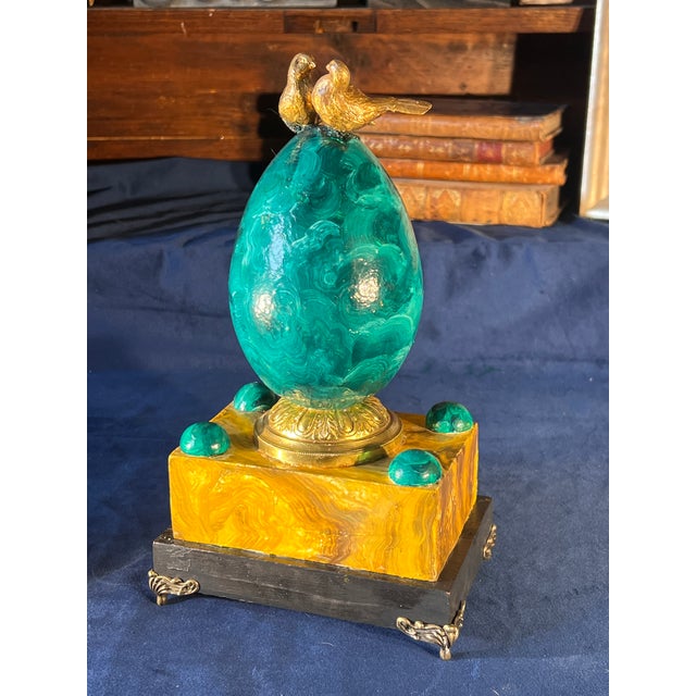 Empire Style Faux Malachite & Sienna Marble Decorative Egg Table Article With Gilt Bronze Doves For Sale - Image 10 of 14