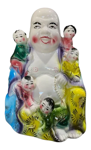 Vintage Porcelain Laughing Buddha With 5 Children Statue Figure