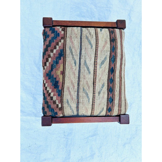 Vintage Mission Style Footstool Upholstered With Vintage Handmade Kilim Rug 19.5"L X 16"W X 16"H In vey good condition