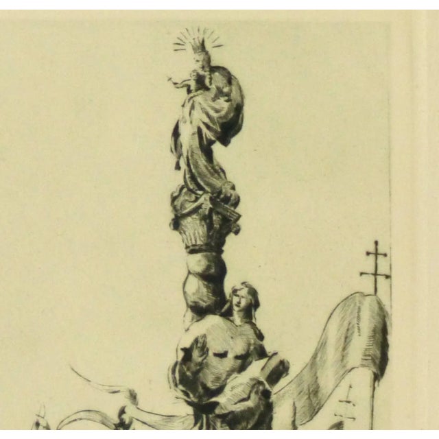 Striking fine art black and white etching of an elaborate decorative element perched atop a building, circa 1920. Signed...