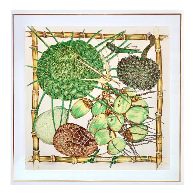 1990s Framed Hermès Silk Scarf "Jardin Créole" by Valerie Dawlat-Dumoulin - Orange Gold Frame For Sale