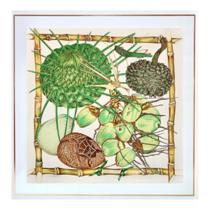 1990s Framed Hermès Silk Scarf "Jardin Créole" by Valerie Dawlat-Dumoulin - Orange Gold Frame