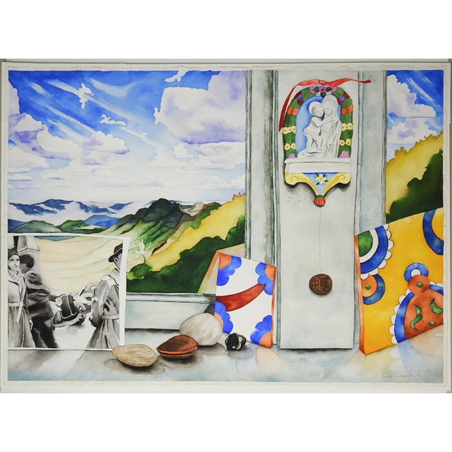 1991 Surreal Window Ocean View Watercolor Painting For Sale In Seattle - Image 6 of 6