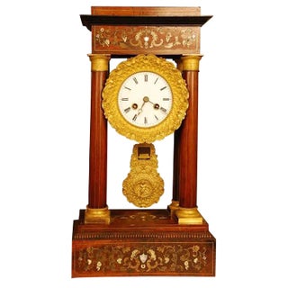 French Portico Clock in Tulipwood With Inlays of Mother-of-Pearl and Bronze Doré Accents For Sale