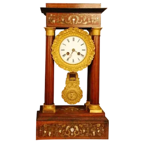 French Portico Clock in Tulipwood With Inlays of Mother-of-Pearl and Bronze Doré Accents