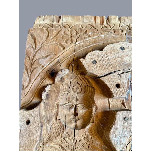 Antique Indian Temple Panel-Hand Carved Wood-Architectural Wall Art 37''-Sacred For Sale - Image 6 of 12