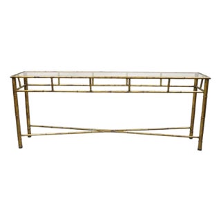 Vintage Italian Hollywood Regency Faux Bamboo Gold Gilt 72" Console Hall Table For Sale