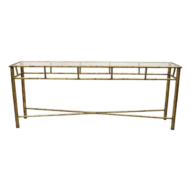 Vintage Italian Hollywood Regency Faux Bamboo Gold Gilt 72" Console Hall Table For Sale