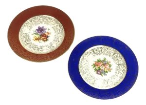 Red and Blue Border with Floral and 22k Gold Plates - a Pair