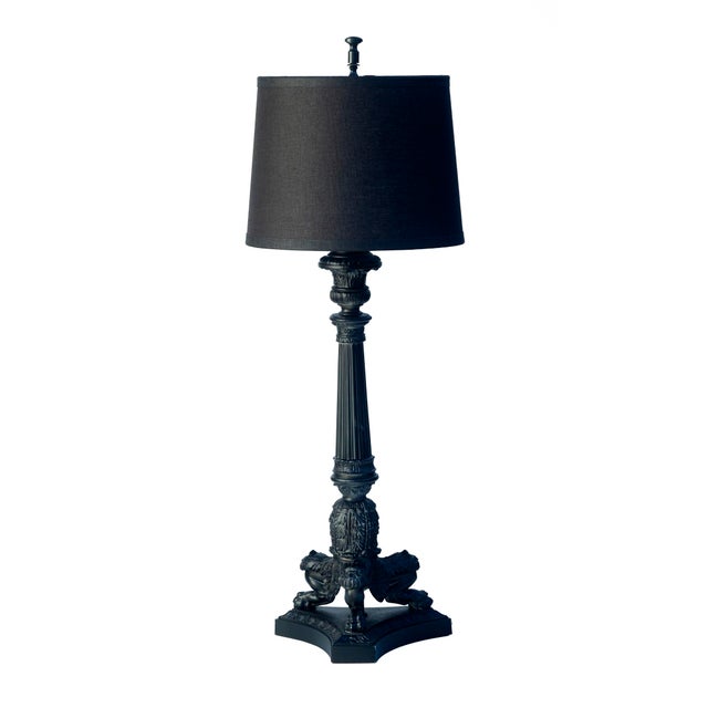 Neoclassical Late 20th Century Black Lacquered Metal Candlestick Desk Lamp on Tripod Base For Sale - Image 3 of 5