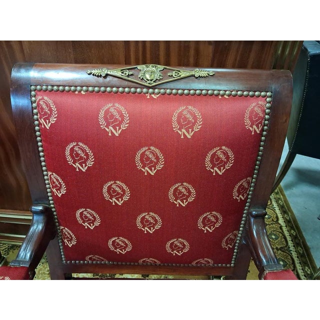 Empire Mahogany Armchairs with Napoleonic Emblems, 19th Century, Set of 2 For Sale - Image 4 of 8
