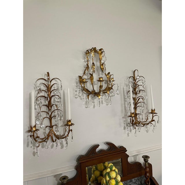 Vintage 19.5" Italian Tole and Crystals Candle Sconces - A Pair For Sale - Image 14 of 17