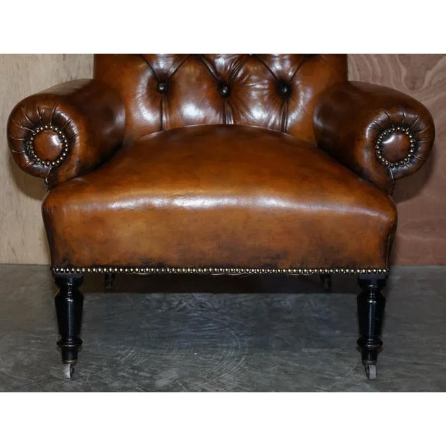 Set of Antique Regency Bolster Brown Leather Library Armchairs For Sale - Image 10 of 18