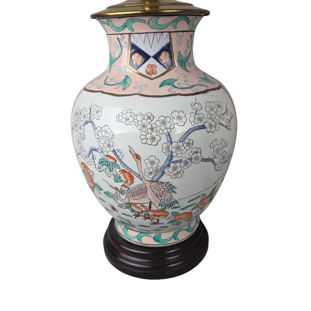 Wood Pair of Chinoiserie Porcelain Ginger Jar Table Lamps With Cranes and Prunus, Pink For Sale - Image 7 of 10